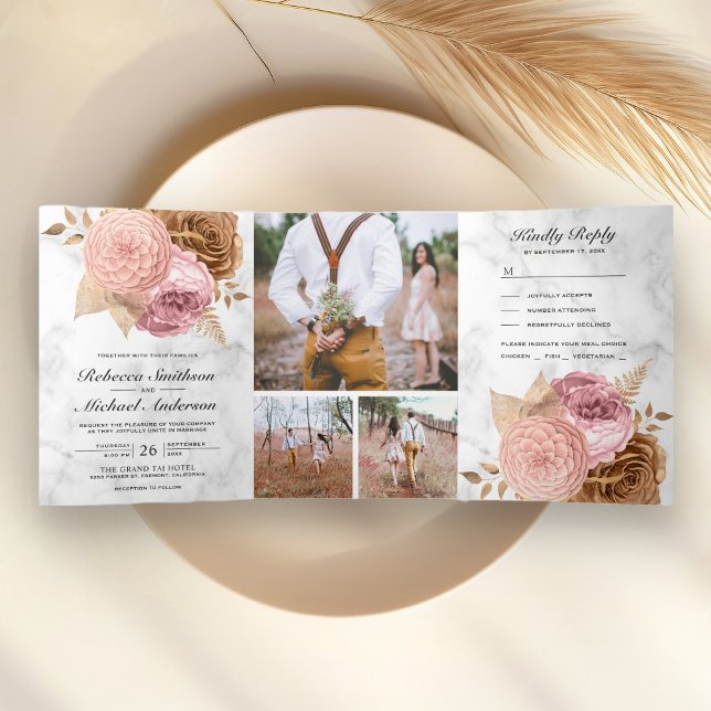 Invitation Trois Volets Roses roses Roses Roses Roses Terre Mariage de mar (Créateur téléchargé)