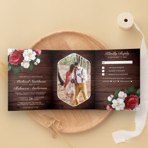 Invitation Trois Volets Roses rouges et Magnolia blanche Mariage en bois r
