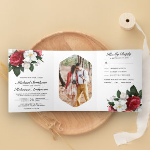 Invitation Trois Volets Roses rouges et Mariage botanique de Magnolia blan