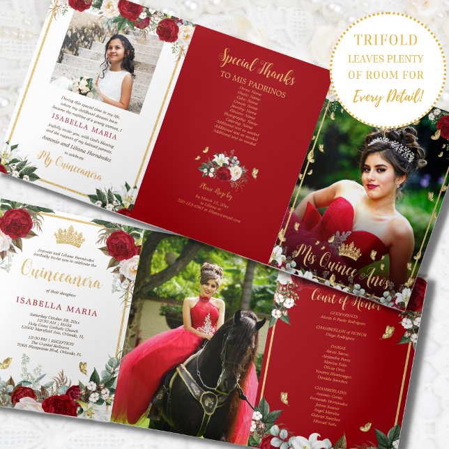 Invitation Trois Volets Roses rouges Papillons à huile d'or Quinceañera (Créateur téléchargé)