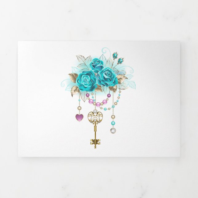 Invitation Trois Volets Roses turquoise avec touches (Page de couverture)