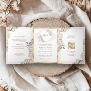 Invitation Trois Volets Rouge fuchsia ivoire floral or tout en un mariage