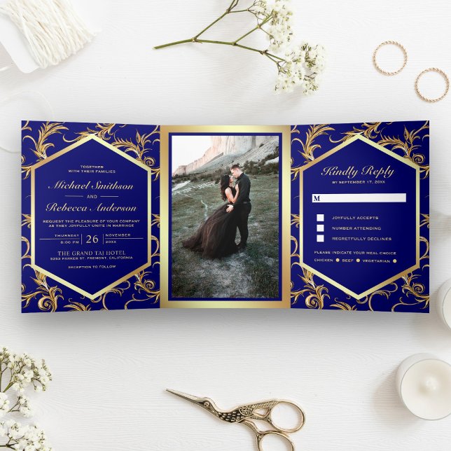 Invitation Trois Volets Royal Blue and Gold Flourish Swirl Wedding Photo (Créateur téléchargé)
