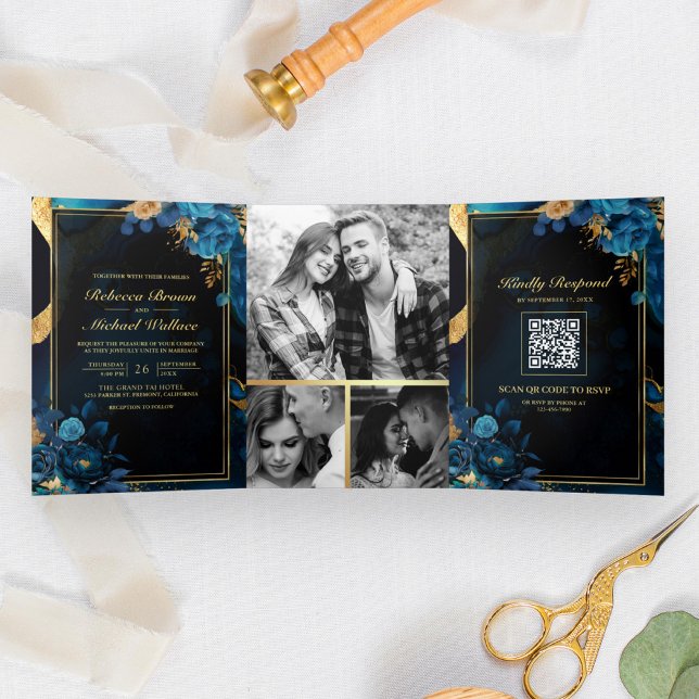 Invitation Trois Volets Royal Blue Gold Floral Marbre QR Code Mariage (Créateur téléchargé)