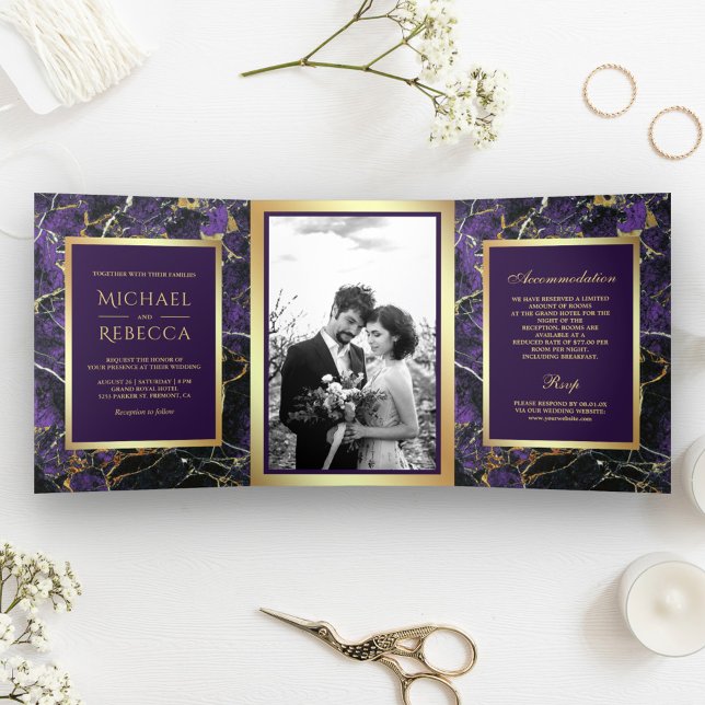 Invitation Trois Volets Royal Marbre violet Faux Gold Foil Mariage photo (Créateur téléchargé)