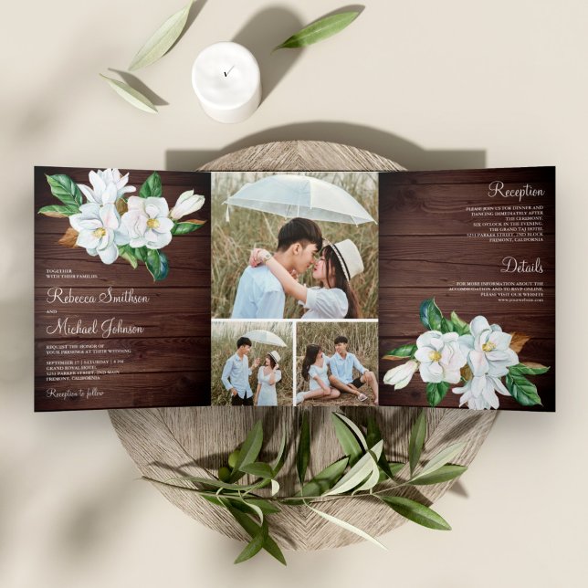 Invitation Trois Volets Russe blanc Magnolia Floral Grange Mariage en bois (Créateur téléchargé)