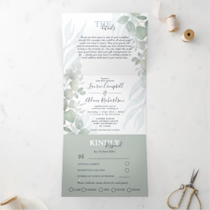 Invitation Trois Volets Russe Eucalyptus Sage Vert Mariage d'aquarelle