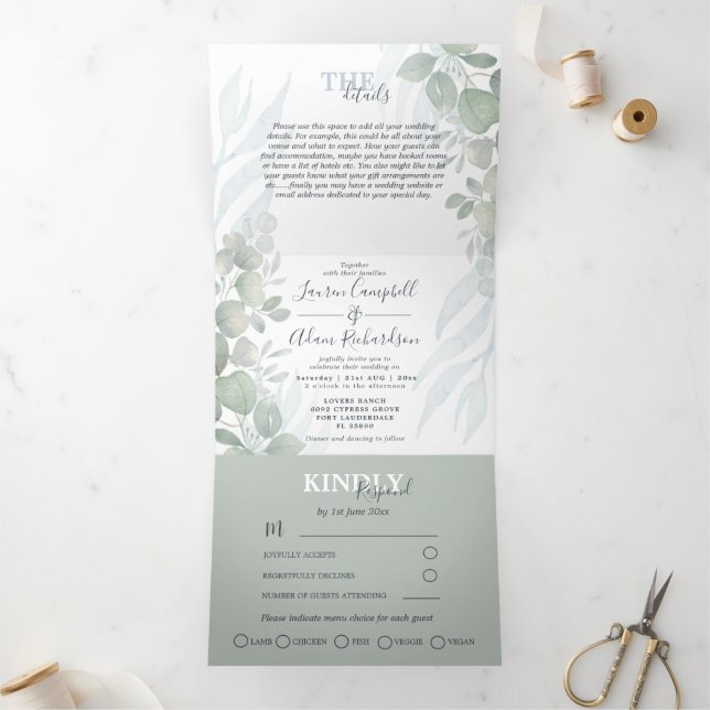 Invitation Trois Volets Russe Eucalyptus Sage Vert Mariage d'aquarelle (Intérieur)