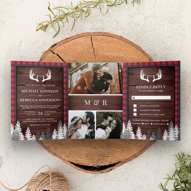 Invitation Trois Volets Russe Grange Bois Rouge Buffalo Plaid Antlers Mari (Créateur téléchargé)