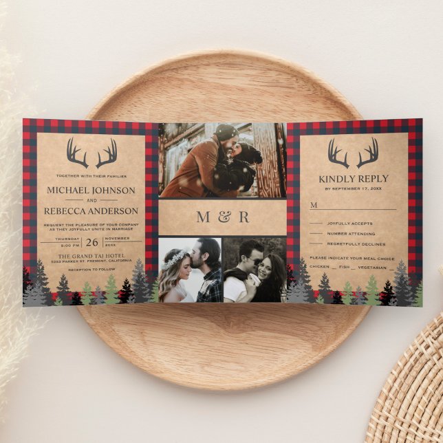 Invitation Trois Volets Russe Kraft Red Buffalo Plaid Deer Antler Mariage (Créateur téléchargé)