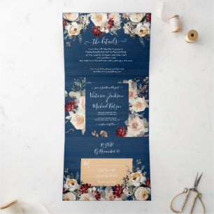 Invitation Trois Volets Russe Marine bleu crème Mariage Bourgogne & Pêche