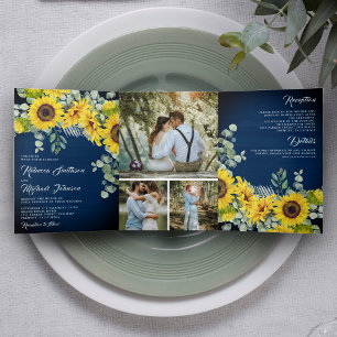 Invitation Trois Volets Russe Marine Blue Wood Sunflower Mariage Eucalyptu