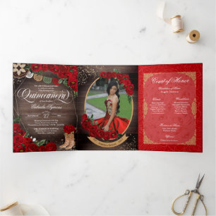 Invitation Trois Volets Russe Rouge Rose Charro Pays Ouest Quinceañera