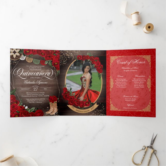 Invitation Trois Volets Russe Rouge Rose Charro Pays Ouest Quinceañera (Intérieur)
