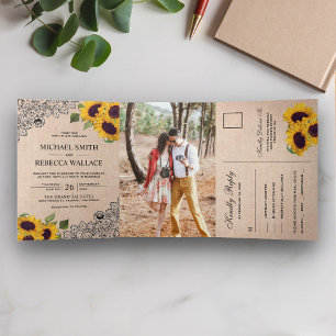 Invitation Trois Volets Rustic Country Burlap Dentelle Mariage de tourneso