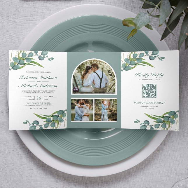Invitation Trois Volets Rustic Eucalyptus Photo Collage QR Code Mariage (Créateur téléchargé)