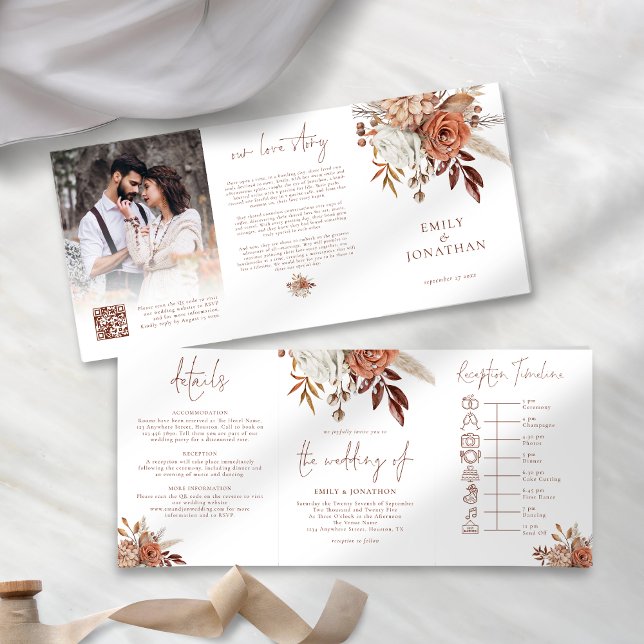 Invitation Trois Volets Rustic Fall Florals Photo QR Code Timeline Mariage (Unfolded view)