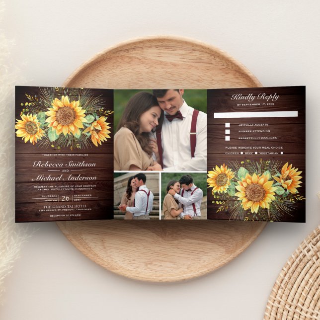 Invitation Trois Volets Rustic Grange Wood Sunflower Photo Collage Mariage (Créateur téléchargé)