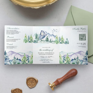Invitation Trois Volets Rustic Mountain Pine Trees Forêt QR Code Mariage