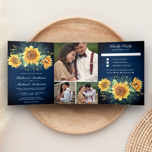 Invitation Trois Volets Rustic Navy Blue Wood Sunflowers Photo Mariage (Créateur téléchargé)