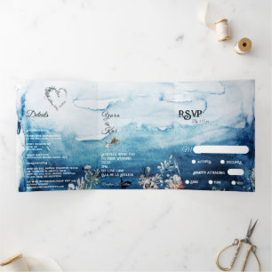 Invitation Trois Volets Rustic Ocean Menu-Choice Mariage RSVP