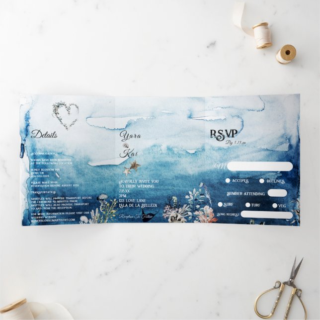 Invitation Trois Volets Rustic Ocean Song Demande RSVP Mariage (Intérieur)