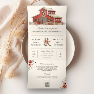 Invitation Trois Volets Rustic Red Grange Country Farm QR Code Mariage