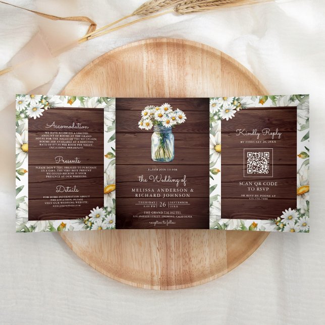 Invitation Trois Volets Rustic Wood Daisies Mason Jar QR Code Wedding (Créateur téléchargé)
