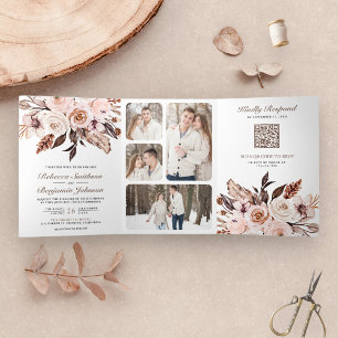 Invitation Trois Volets Rustique Bohème Terreux Code QR Floral Ivoire Mari