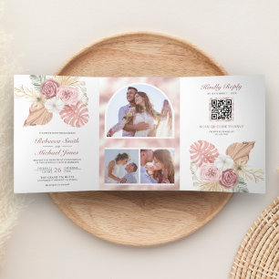 Invitation Trois Volets Rustique Boho Palm Dusty Rose Roses QR Code Mariag