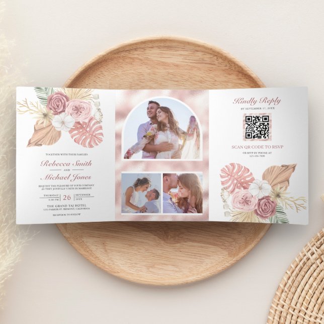 Invitation Trois Volets Rustique Boho Palm Dusty Rose Roses QR Code Mariag (Créateur téléchargé)