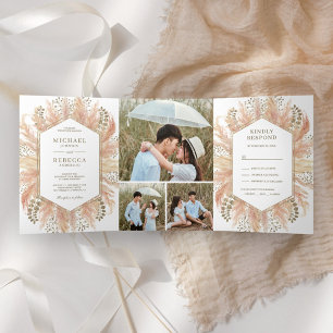 Invitation Trois Volets Rustique Boho Pampas Grass Photo Collage Mariage