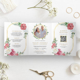 Invitation Trois Volets Rustique Boho rose Roses Floral QR Code Mariage