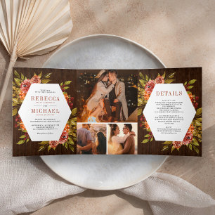 Invitation Trois Volets Rustique Bois Orange Brûlé Fleurs Photo Mariage