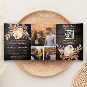 Invitation Trois Volets Rustique Bois Terre ivoire Floral QR Code Mariage