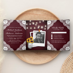 Invitation Trois Volets Rustique Bourgogne dentelle en bois Mariage