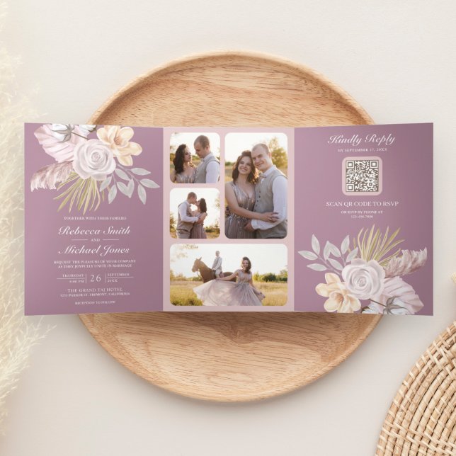 Invitation Trois Volets Rustique Dusty Mauve rose Floral QR Code Mariage (Créateur téléchargé)