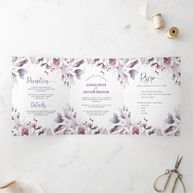 Invitation Trois Volets Rustique Dusty violet mauve rose Mariage floral (Intérieur)
