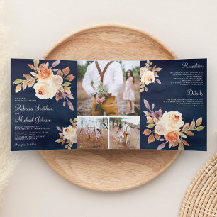 Invitation Trois Volets Rustique Earthy Dusty Pêcher Floral Marine Mariage
