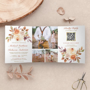 Invitation Trois Volets Rustique Earthy Ivory Floral Photo QR Code Mariage