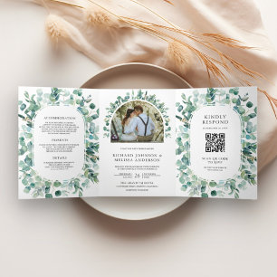 Invitation Trois Volets Rustique Eucalyptus photo tout en un QR Code Maria