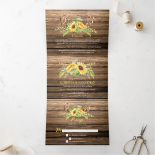 Invitation Trois Volets Rustique Grange Bois Tournesols Antlers Mariage
