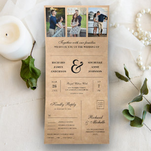 Invitation Trois Volets Rustique Kraft Minimal 3 en 1 Mariage Photo Collag