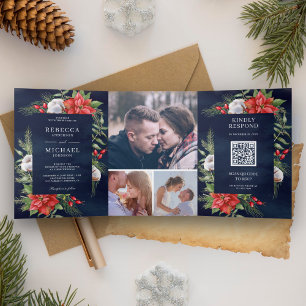 Invitation Trois Volets Rustique Poinsettia QR Code Mariage de la marine d