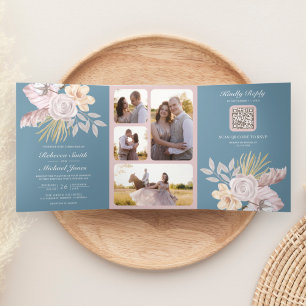 Invitation Trois Volets Rustique Rose Pâle Bleu Poussiéreux Code QR Floral