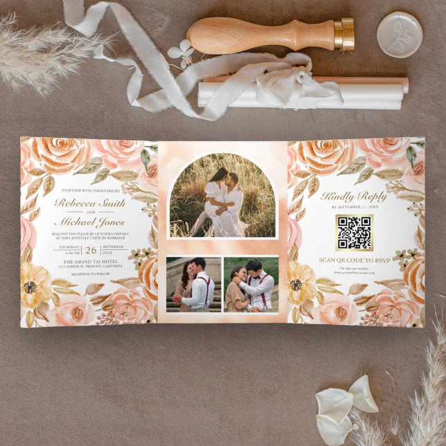 Invitation Trois Volets Rustique Terme Floral Automne QR Code Mariage (Créateur téléchargé)