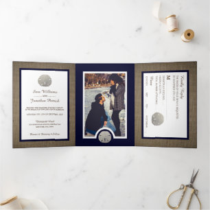 Invitation Trois Volets Sable Dollars & Burlap Navy Beach Wedding Suite