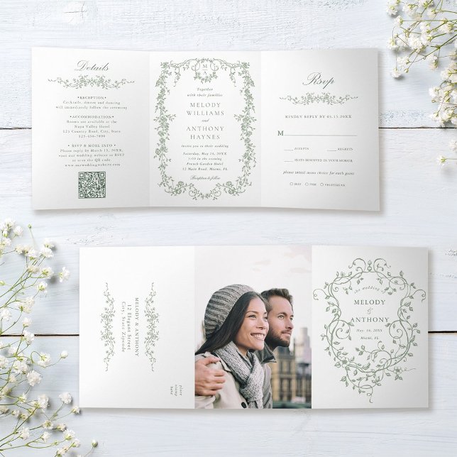 Invitation Trois Volets Sage Green Classic Français Victorien Floral Maria (Inside & Outside)
