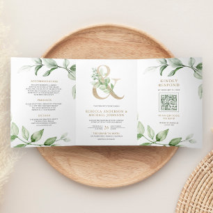 Invitation Trois Volets Sage Greenery Gold Ampersand QR Code Mariage