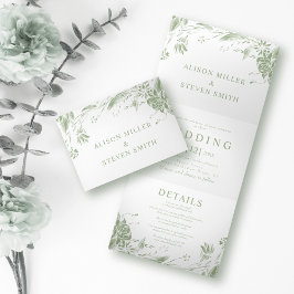 Invitation Trois Volets Sage vert ligne art fleurs photo mariage